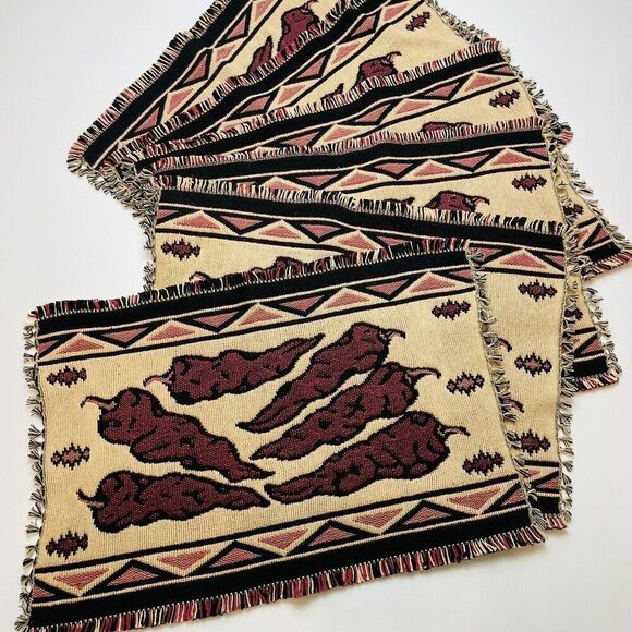 El Paso Saddleblanket Co Southwest Placemats (6) Chili Peppers Fringe Tapestry - Picture 1 of 6